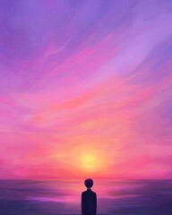 Fototapeta premium cartoon character of Shin Hwa Contemplative figure watching a vibrant sunset.