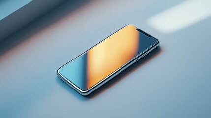 A sleek modern smartphone lying flat on a white surface, reflecting light subtly