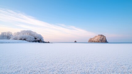 Fototapeta premium Frosty beach sunrise, coastal rocks, winter calm, nature wallpaper
