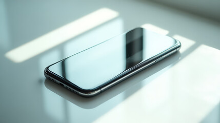 A sleek modern smartphone lying flat on a white surface, reflecting light subtly