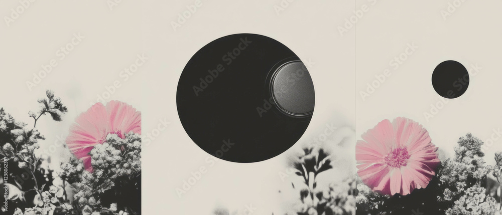 Poster collage of geometric shapes and flowers with a close-up of a fast forward button
