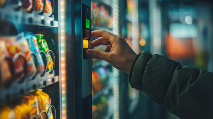 Close up hand of man pushing button on vending machine for choosing a snack or drink