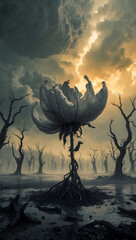 Large ghostly flower rises amid barren landscape under an ominous sky with dark clouds and lightning