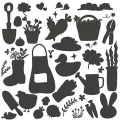 A collection of spring-themed black silhouettes featuring gardening tools.