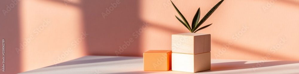 Aufkleber minimalist wooden play blocks display soft peach and natural tones on pastel surface early childhood