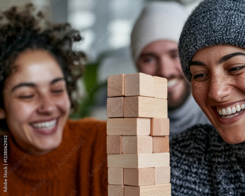 Aufkleber Inclusive Team Building Multicultural Office Group Engages in Wooden Block Challenge - Enhancing Workplace Synergy and Sustainable Business Practices in Modern Corporate Settings