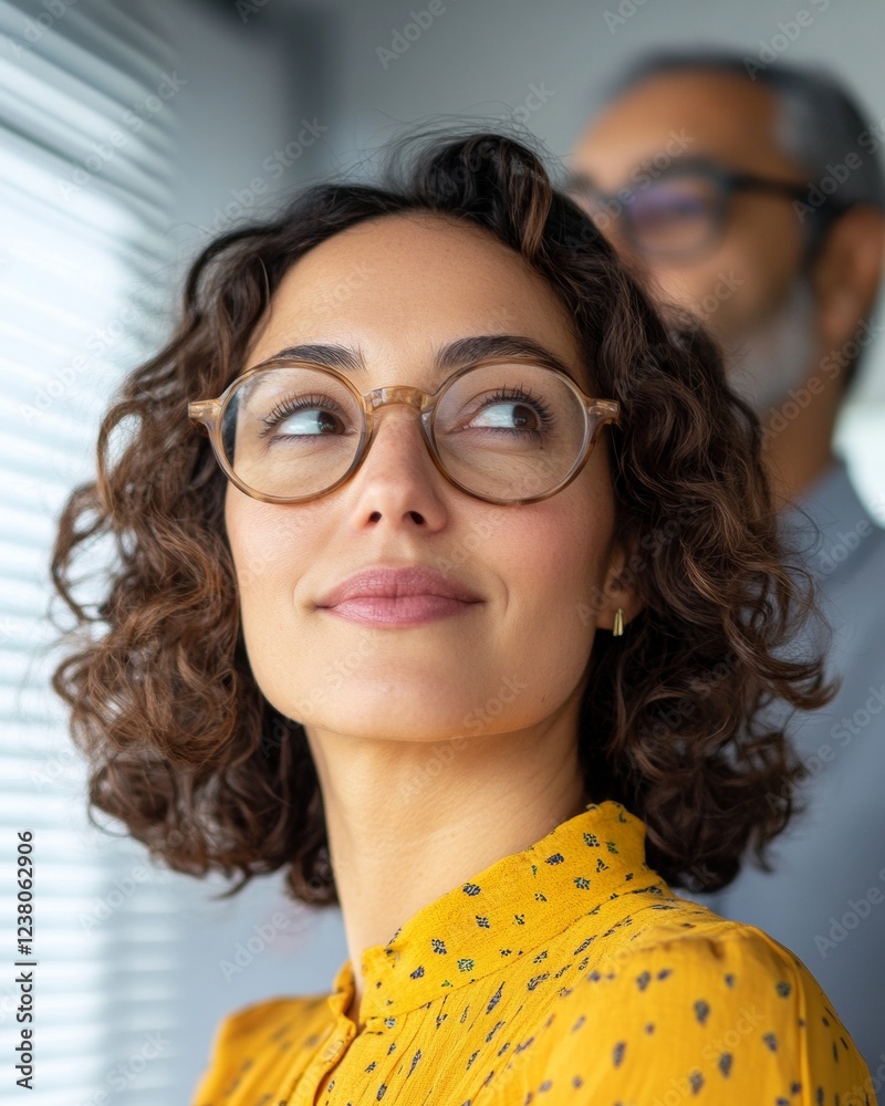 Aufkleber collaborative office vibes latina professional in textured yellow blouse and glasses - enhancing cor