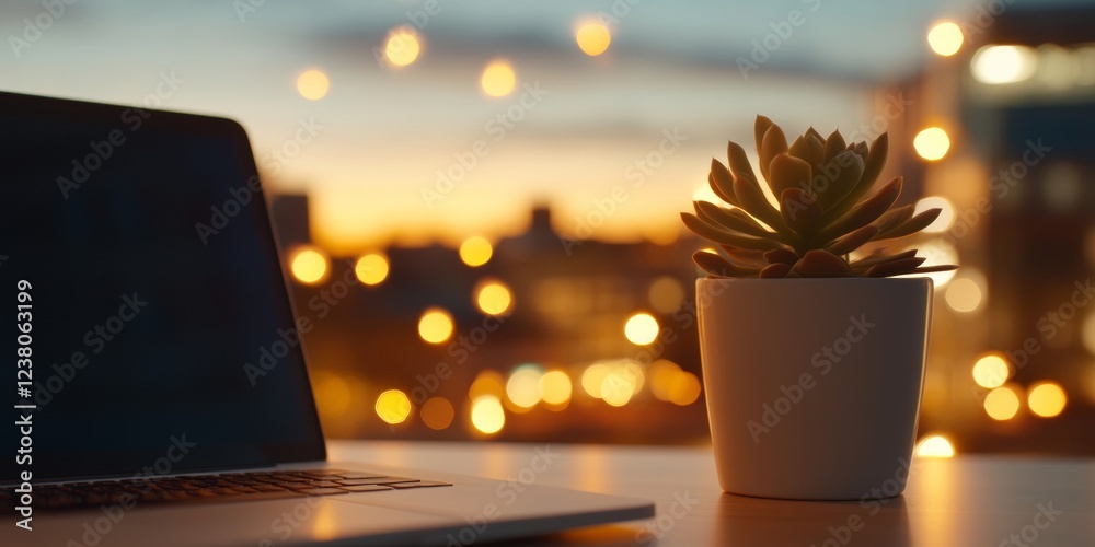 Aufkleber tech-chic workspace minimalist laptop and notebook with succulent on wood desk - remote work aesthet