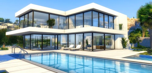 Beautiful contemporary cubic villa with large glass windows infinity pool and balcony overlooking serene views