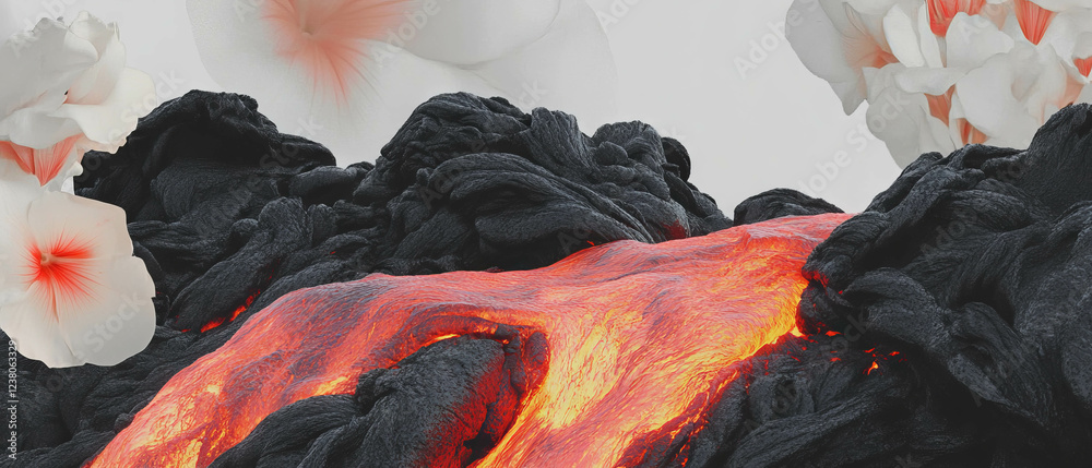 Poster collage of flowing lava with glowing cracks and floral elements on a minimalist background