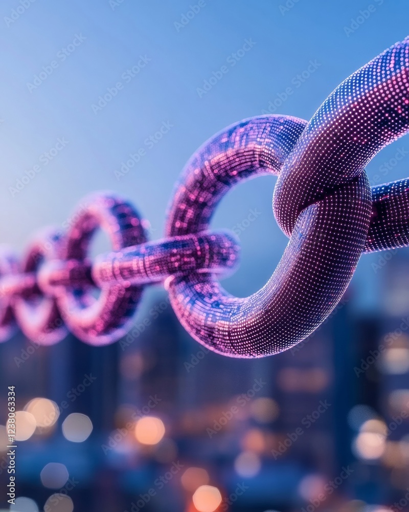 Aufkleber Hyperreal Urban Blockchain Aesthetic Metallic Digital Chain Link over Cityscape - Fintech Innovation and Cryptocurrency Influence in Modern Financial Technologies
