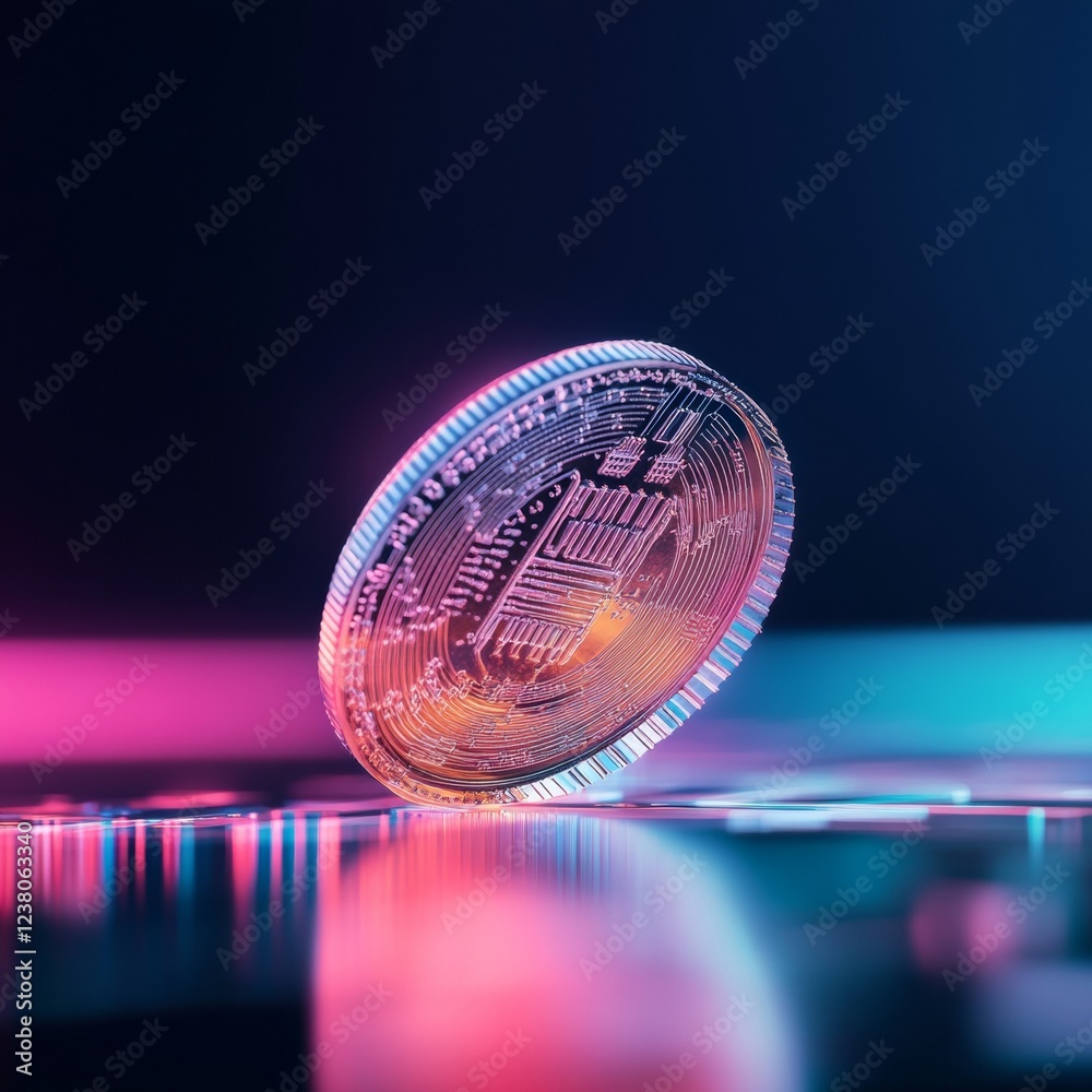 Aufkleber holographic coin display turquoise and purple blockchain patterns on reflective surface - cutting-ed
