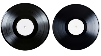Two vinyl records with blank labels on transparent background