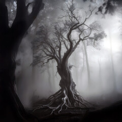 Obraz premium Mysterious twisted tree in a foggy forest at dawn illuminates nature's eerie beauty