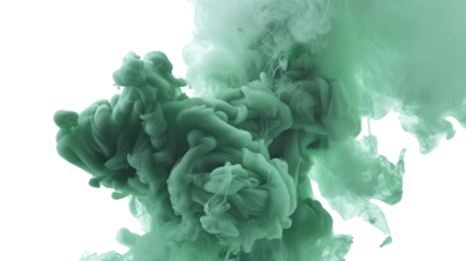 Green ink forming abstract shapes in water with transparent background