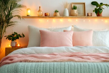 Cozy bed with pink blanket and decorative pillows in a bright bedroom setting