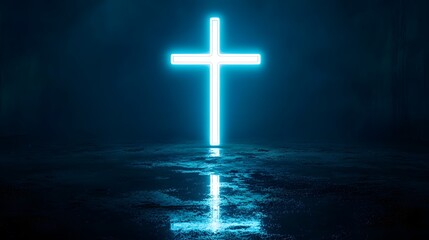 Naklejka premium A glowing white neon cross centered on a pitch-black background, Generative AI