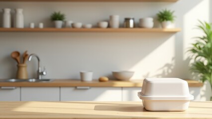Food Delivery Container Mockup, Kitchen scene clear shelves minimalist food container on counter.