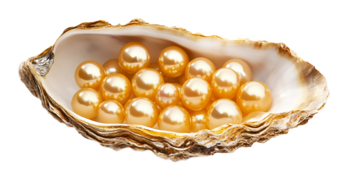 Golden pearls in a golden oyster shell isolated against a white background