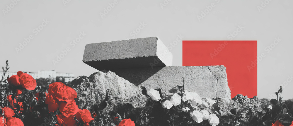 Poster collage highlights the fragility of structures with flowers and geometric forms