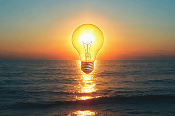 Bright bulb shaped like the sun rising over calm ocean waters at dusk