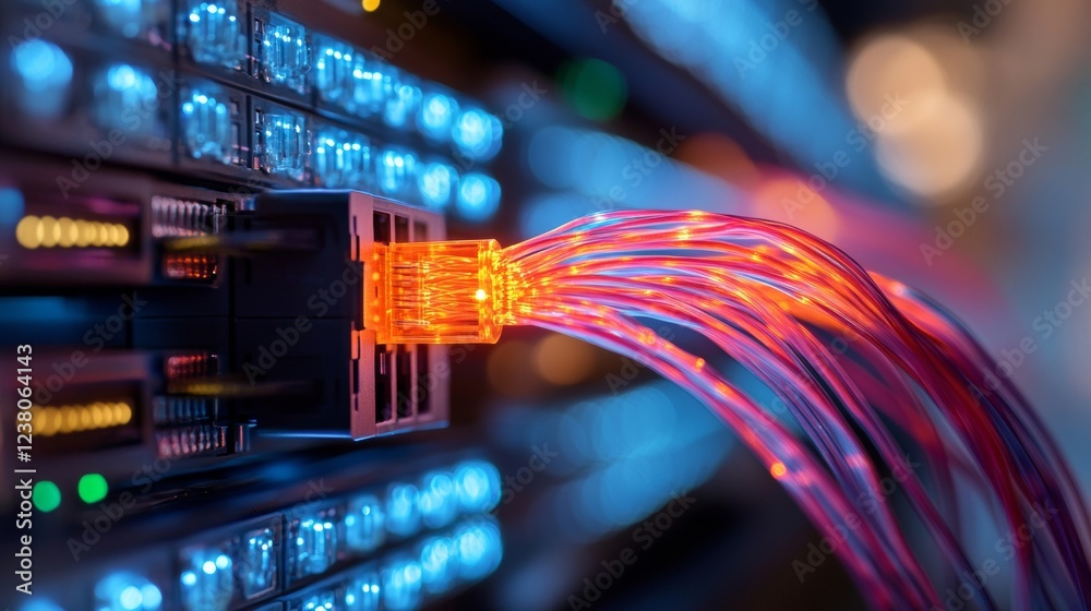 Poster Cyberpunk Server Infrastructure Vibrant Network Cables and Advanced Cooling in Data Center - Cutting-Edge Technology Systems for Cloud Computing and Digital Transformation Solutions