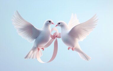 Fototapeta premium Pair of doves holding a ribbon in their beaks for Saint Valentines Day and 8 March Womans Day, on a soft blue-to-white gradient background