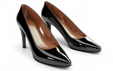 Pair of high-heeled shoes in glossy black finish isolated on a white background