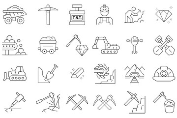 Mining icons, vector set, Mining line icon set. Mining, worker, labor, coal, underground, digging, track, rail and more icons. vector illustration. 