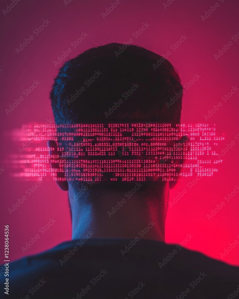 Poster Futuristic Cyber Security Visual Abstract Code Overlay on Persons Silhouette - Innovative Tech Marketing and Secure Software Development Promotion
