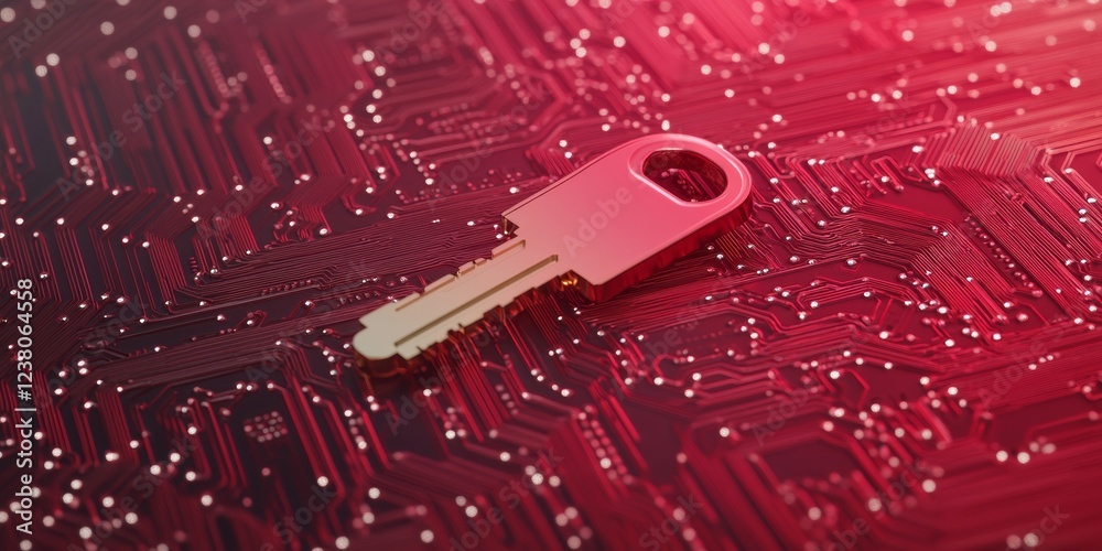Poster Red Metallic Circuitry Aesthetic Holographic Key on Chipboard - Cutting-edge Cybersecurity Visualization for Data Protection and Tech-driven Business Solutions