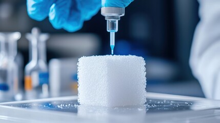 Recycle concept, upcycle and renewal. A laboratory scene showing a scientist's hand with a pipette transferring liquid onto a white icy block, highlighting precision and scientific experimentation.