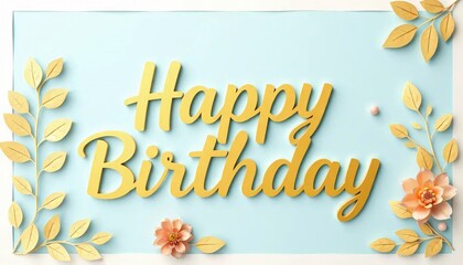 Obraz premium Happy Birthday Greeting Card with Blue Background with Papercut Flower and Leaf Decoration Generated by Ai