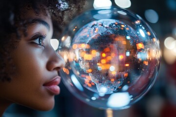 Naklejka premium Holographic World Vision Futuristic Globe Display with Diverse Young Adults - Tech-Infused Unity for Modern Business and Inclusive Marketing Campaigns