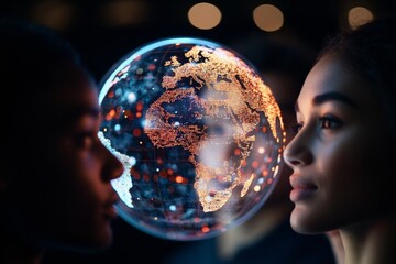 Naklejka premium Cutting-Edge Holographic Display Futuristic Digital Globe with Diverse Young Adults - Empowering Social Innovation and Cultural Unity in Technological Design