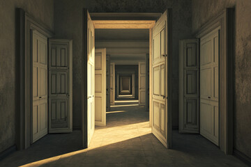 Fototapeta premium Unique house structure featuring numerous doors leading into an unseen void in a highly detailed setting