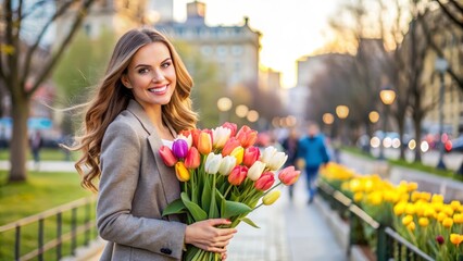Fototapeta premium Woman Holding a Bouquet of Colorful Tulips in a Modern City Park