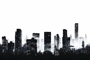 Fototapeta premium Monochrome cityscape silhouette with illuminated skyscrapers against white background