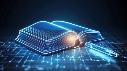 Online learning tools, Futuristic Digital Book with Glowing Lines and Pen on Data-Driven Background