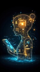 Online learning tools, Futuristic Digital Profile with Technology Elements and a Person Using a Smartphone