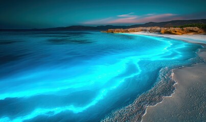 Obraz premium Bioluminescent algae glowing in a pristine blue ocean, creating a mesmerizing natural glow.