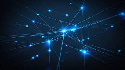 A dynamic layout featuring a network of interconnected lines and nodes against a dark blue background. Concept of connectivity and technology, with a futuristic and ethereal atmosphere.