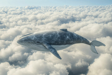 Fototapeta premium Majestic flying whale glides effortlessly among fluffy white clouds in a breathtaking sky