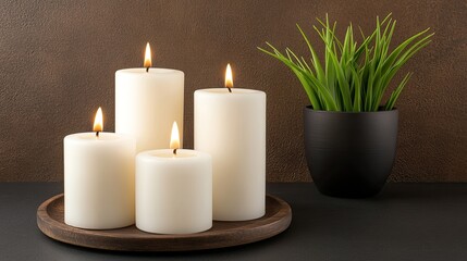 Softly flickering candles are placed on a wooden plate beside a lush green plant, creating a calm and cozy ambiance