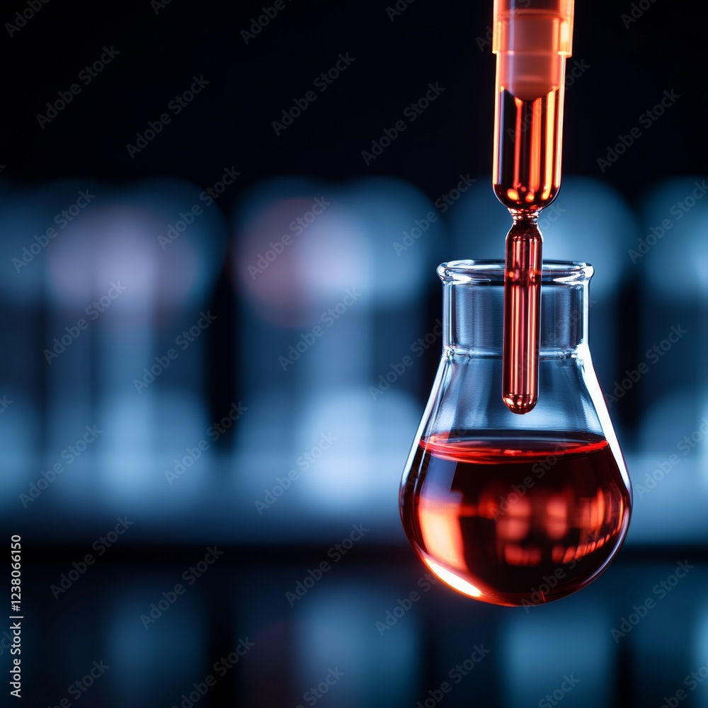 Poster Futuristic Medical Lab Display Precision Glassware with Illuminated Liquid - Clinical Research Visuals and High-Tech Laboratory Marketing for Enhanced Efficiency