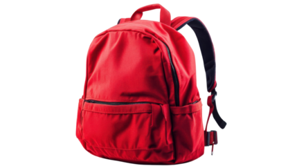 Red backpack isolated on transparent background ready for school