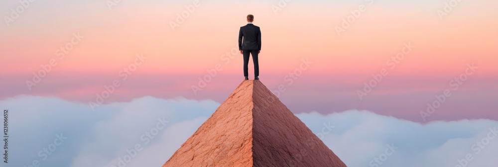 Poster modern corporate aspiration determined executive on pyramidal peak against sky gradient - business m