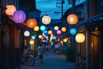 Colorful lanterns illuminate a charming, narrow Japanese street at night, with people strolling...