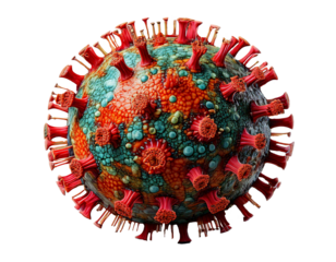 Coronavirus isolated on PNG transparent background, showcasing virus structure, spiked protein, spherical shape, microscopic details, viral particles, pandemic-related, health crisis, virus transmissi