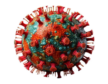Coronavirus isolated on PNG transparent background, showcasing virus structure, spiked protein, spherical shape, microscopic details, viral particles, pandemic-related, health crisis, virus transmissi